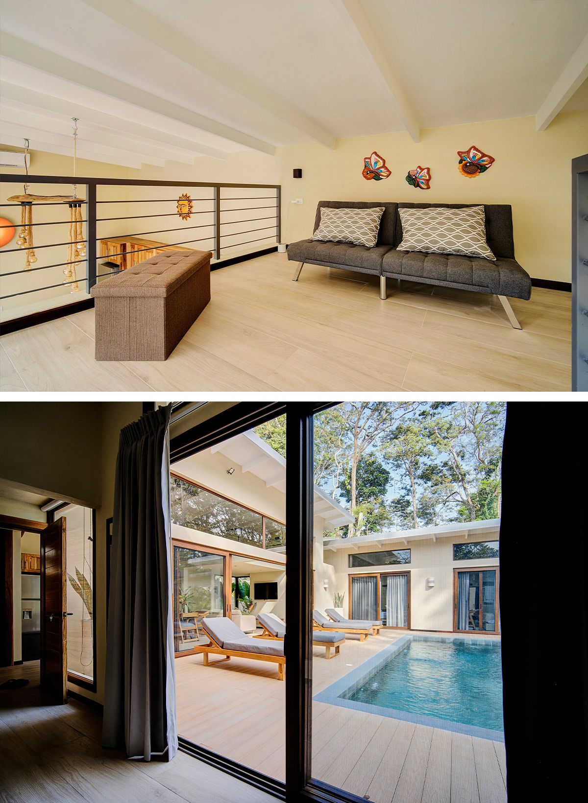 Bedroom in elegant villa with natural wood furnishings and modern bathroom with minimal detailing