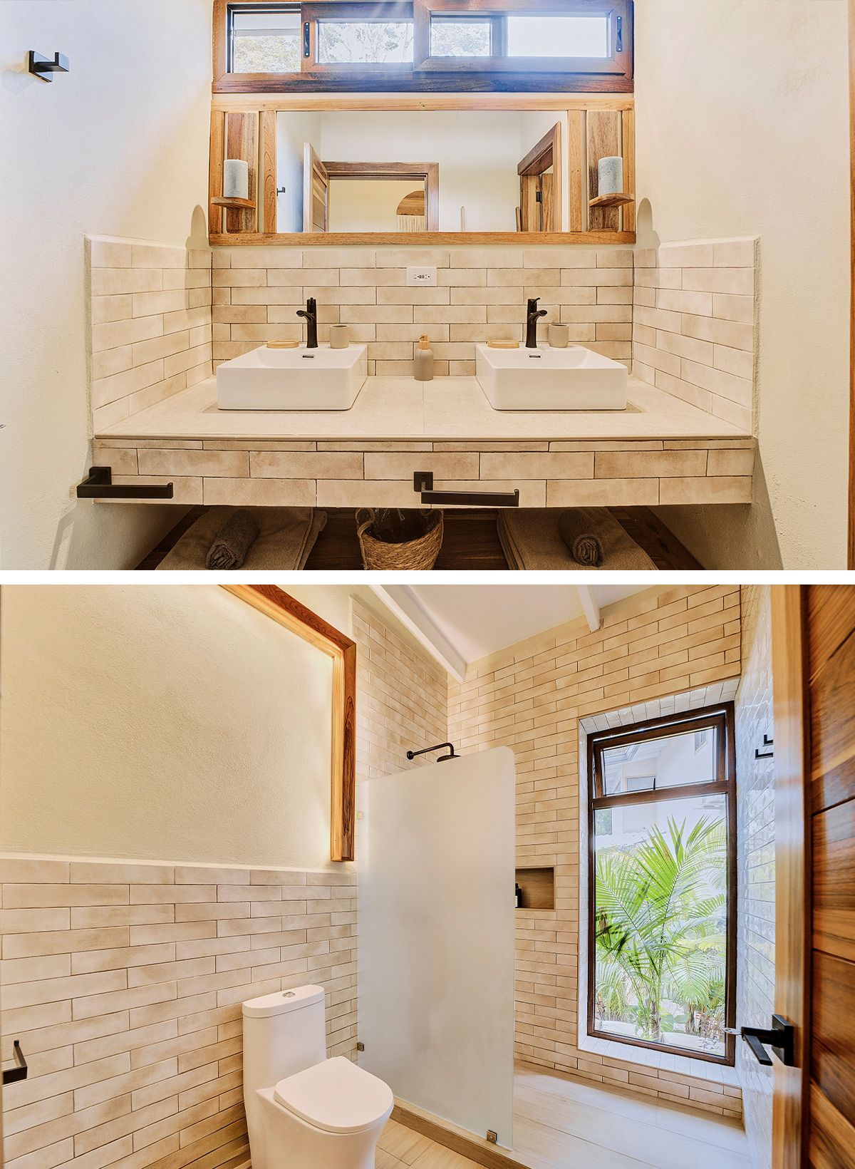 Top: double bedroom; bottom: twin room, both with outdoor access and natural furnishings