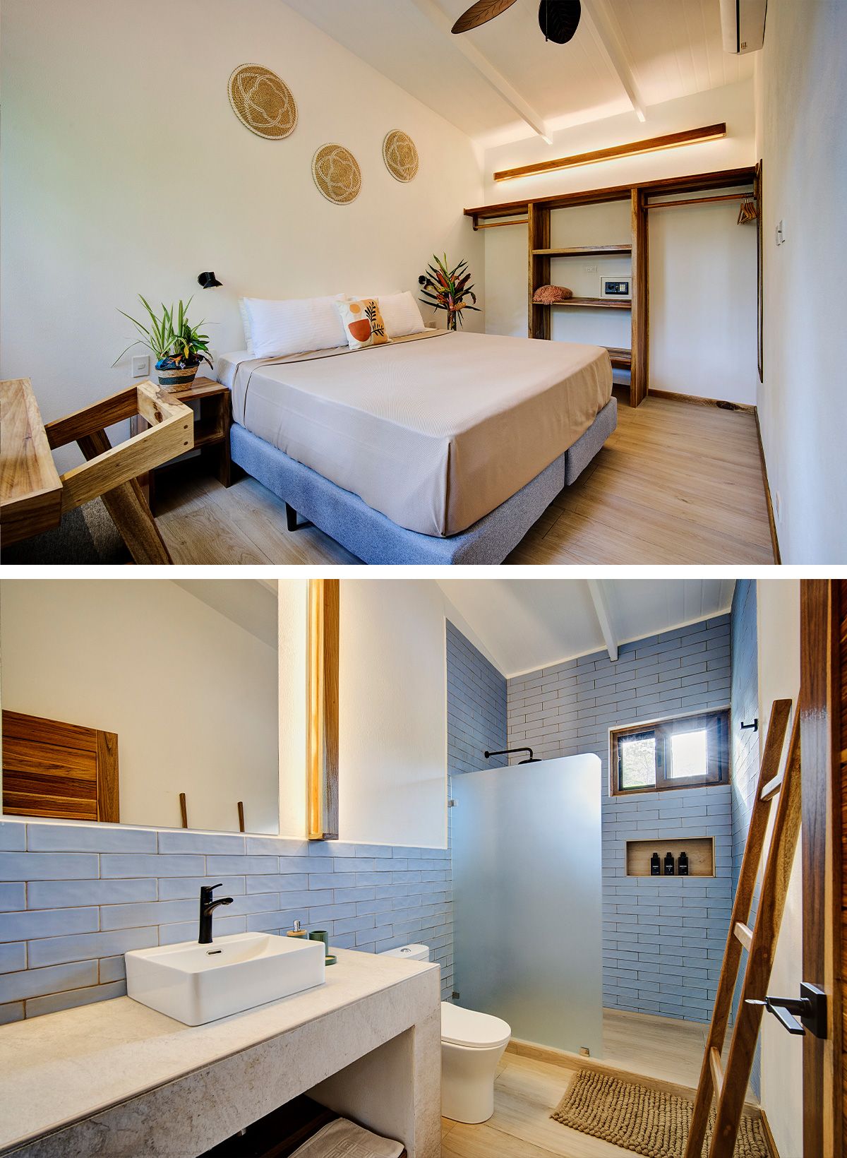 Arriba: la cama de matrimonio y abajo: el cuarto de baño del apartamento Sarai