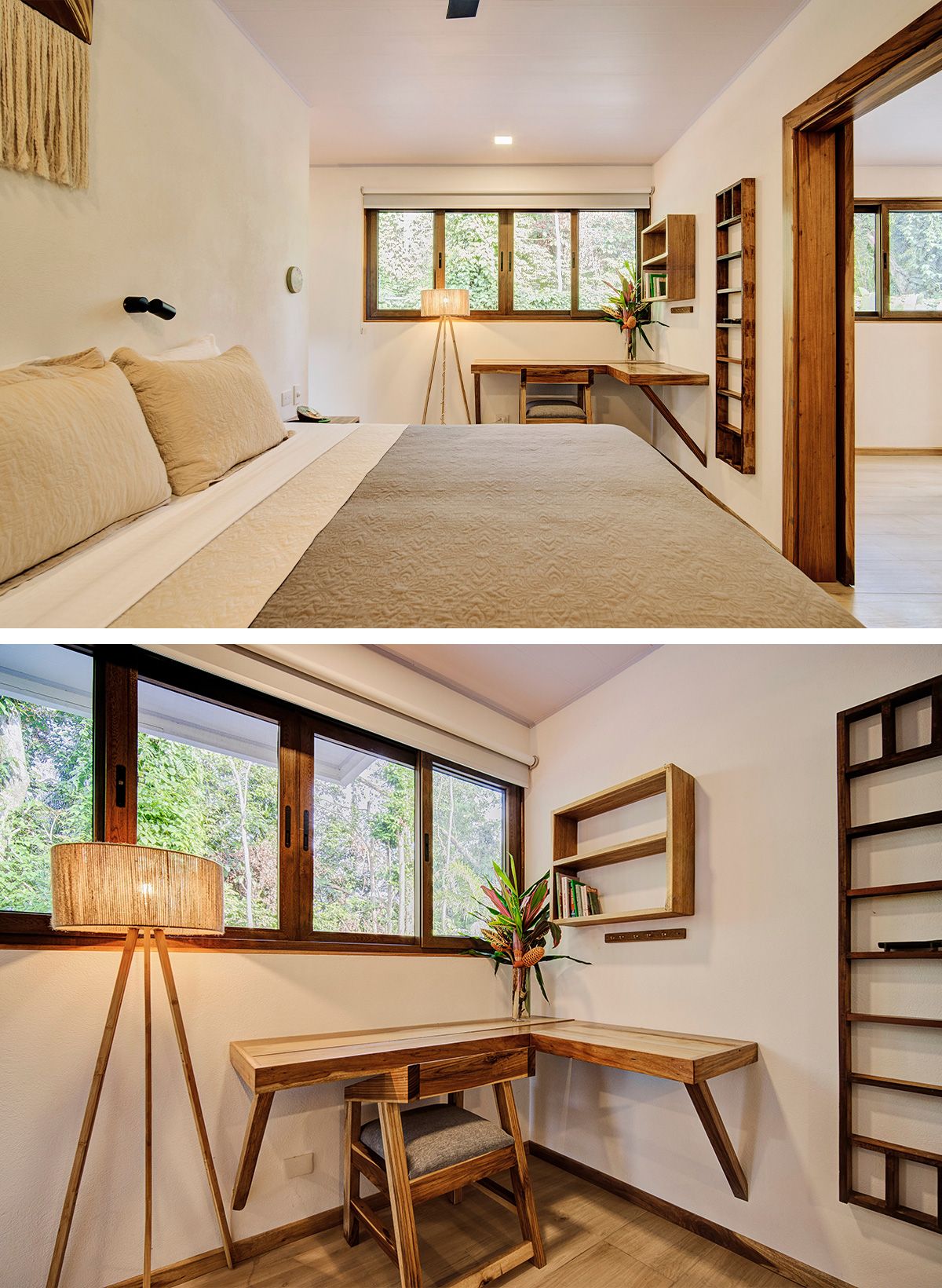 Bedroom in the Raisa apartment with wooden desk in the corner