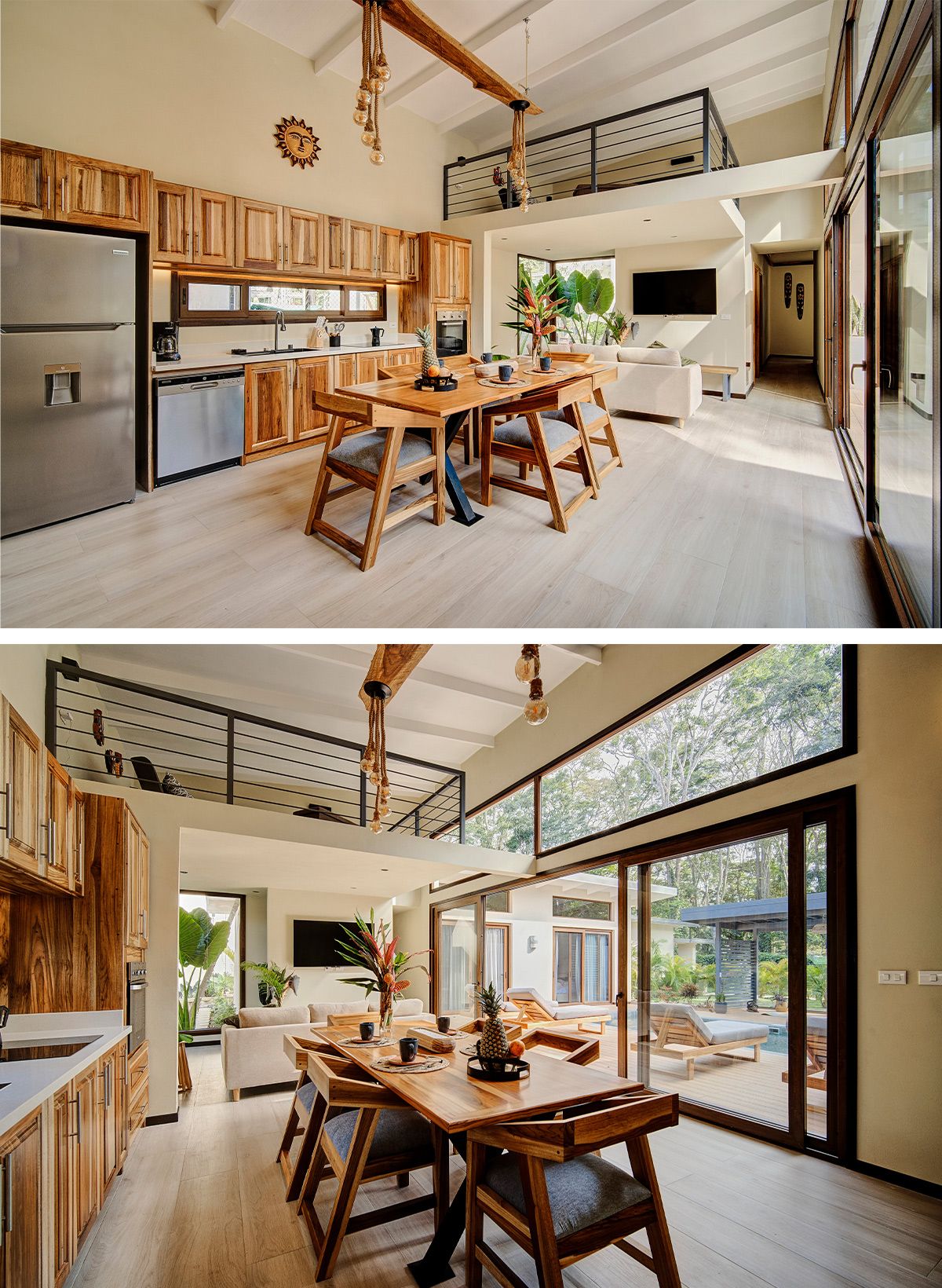 La cocina abierta de madera natural de la villa con mesa de comedor artesanal y moderna sala de estar