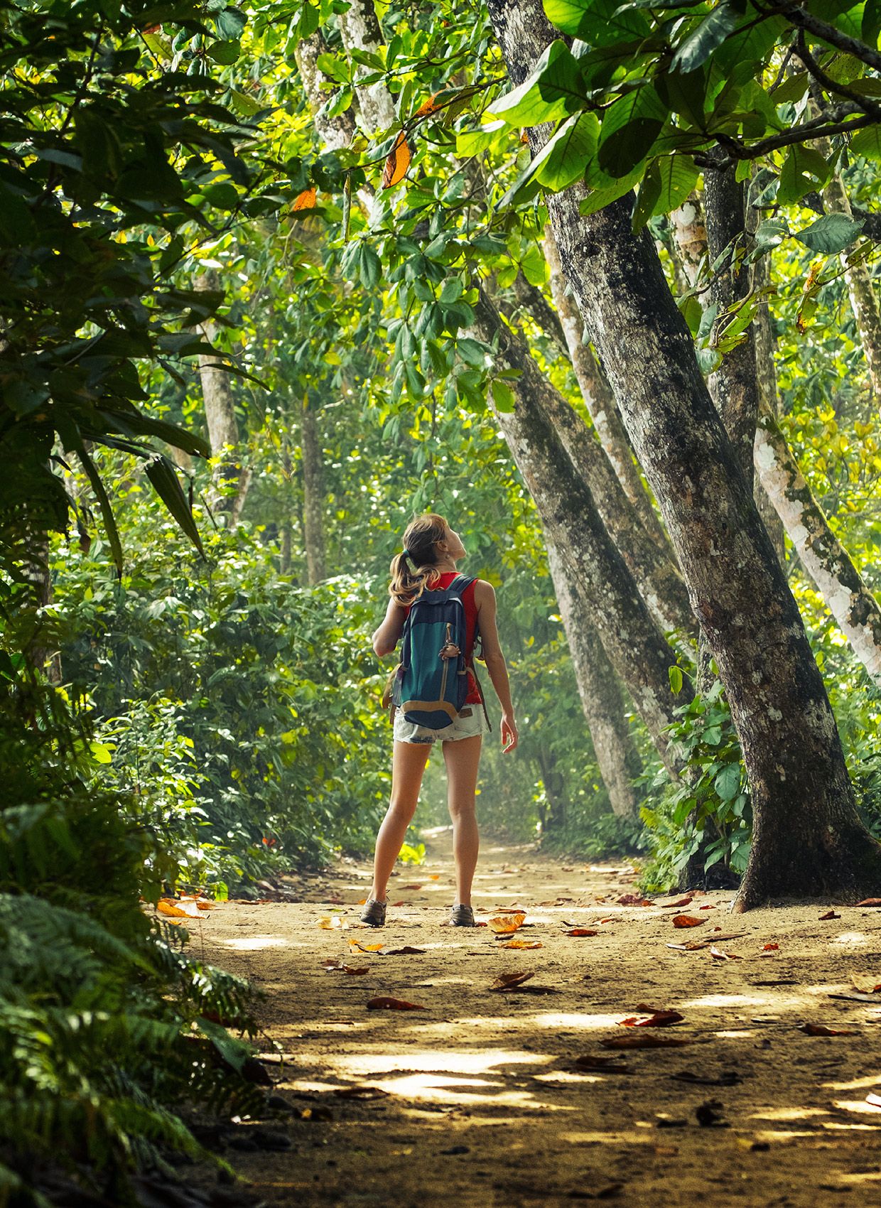 Girl with hiking backpack in the Costa Rican jungle