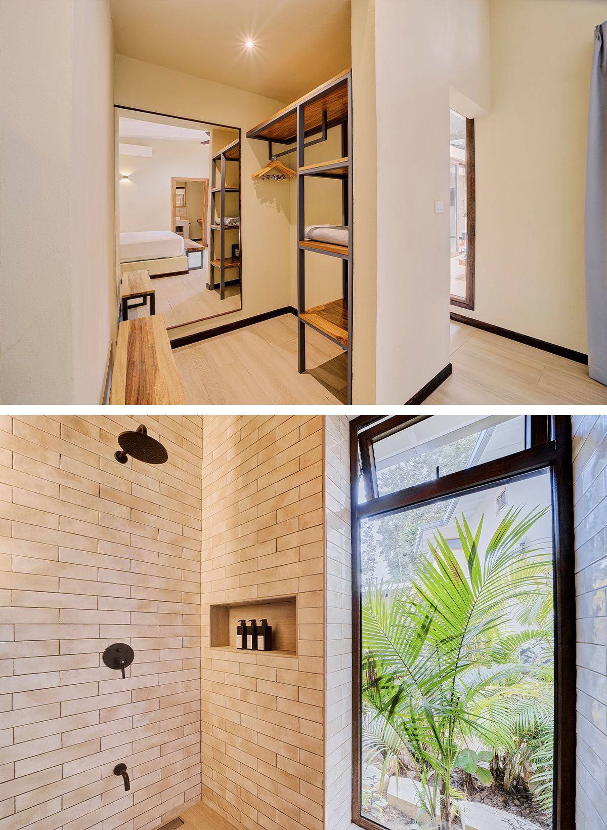 Luminoso dormitorio con cama blanca; moderna zona de armarios con espejo y estanter&iacute;as.