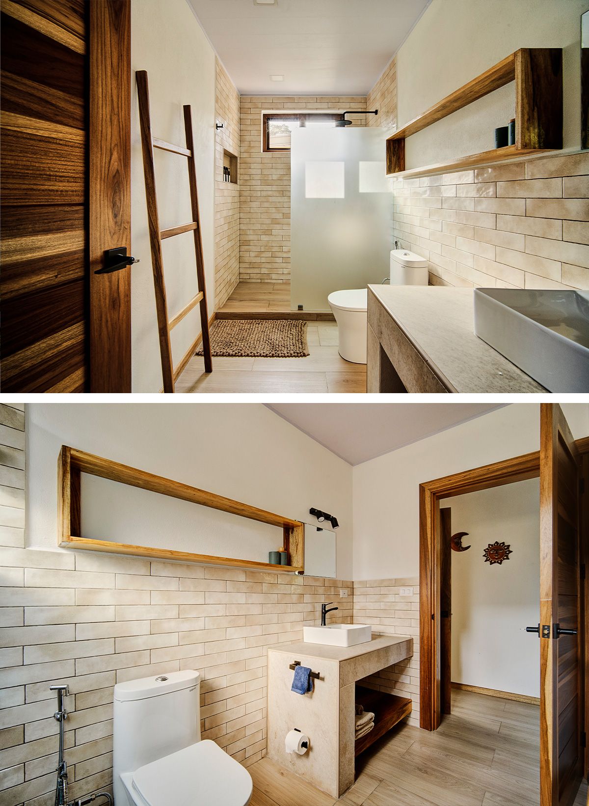 Wooden details of the baige bathroom in the Raisa apartment