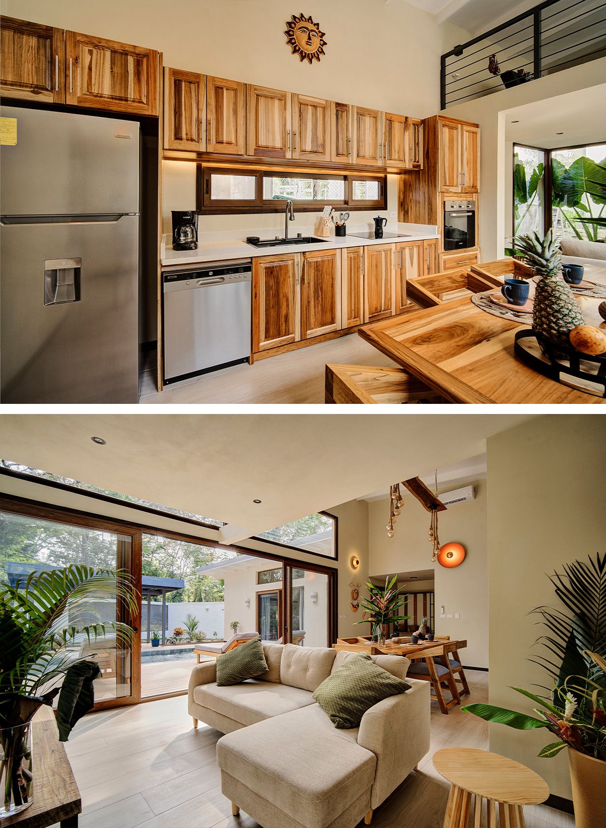 Ambiente interior de las villas: salón con sofá grande y mesa de comedor con vistas a la piscina exterior