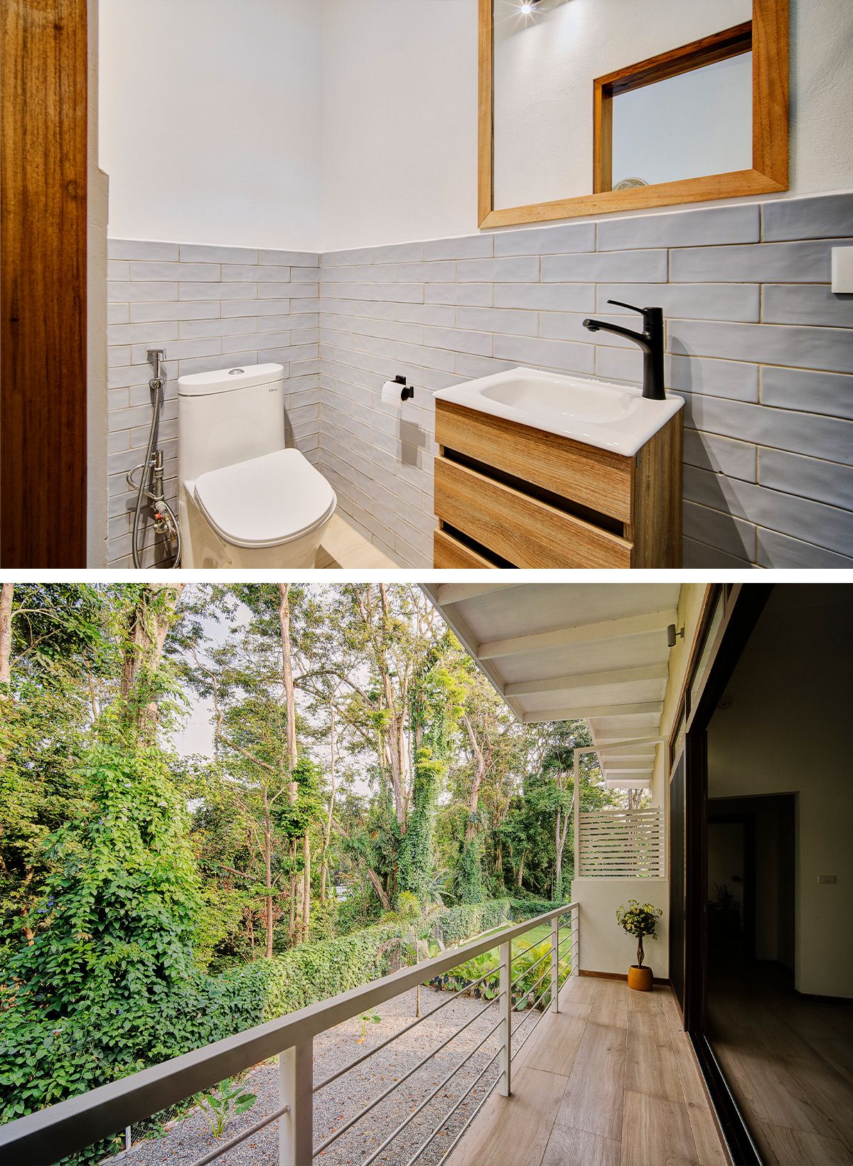 Arriba detalles del cuarto de ba&ntilde;o y abajo detalles del balc&oacute;n del apartamento Sarai