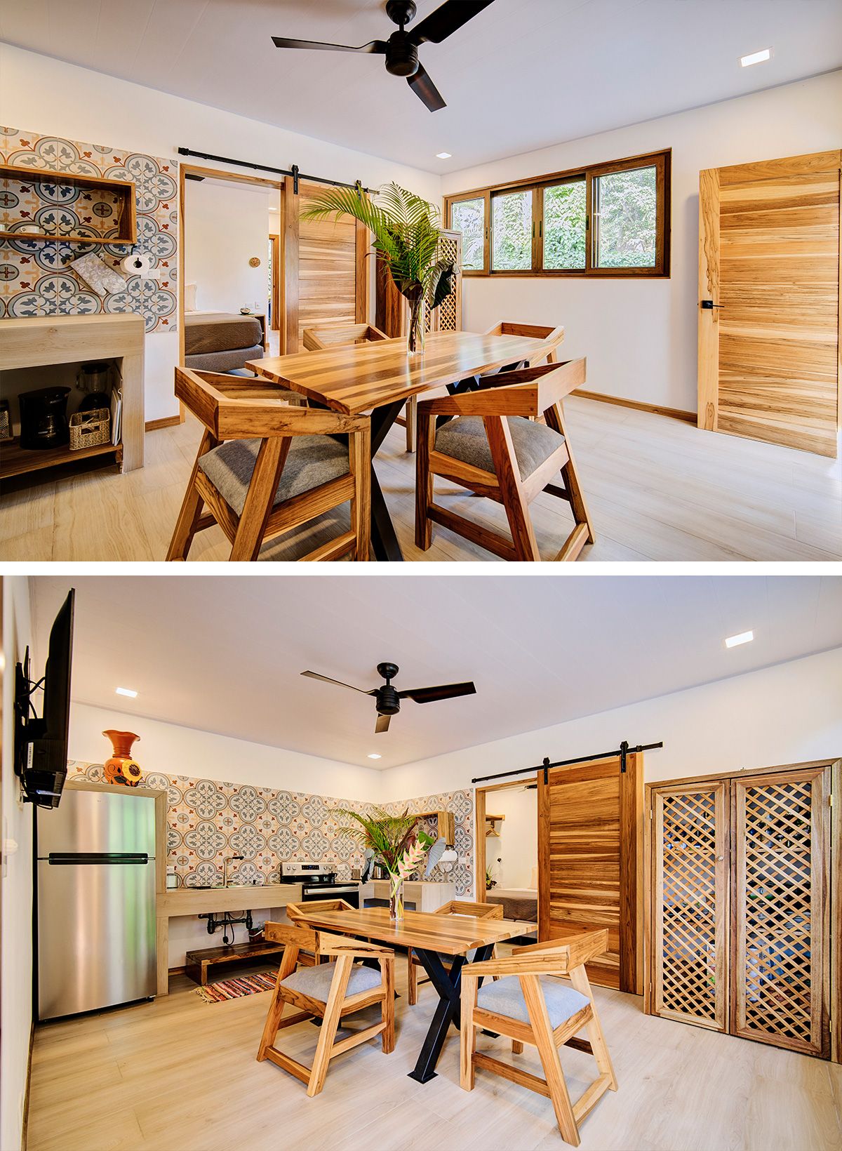 Kitchen and table in the Raisa apartment seen from two different angles