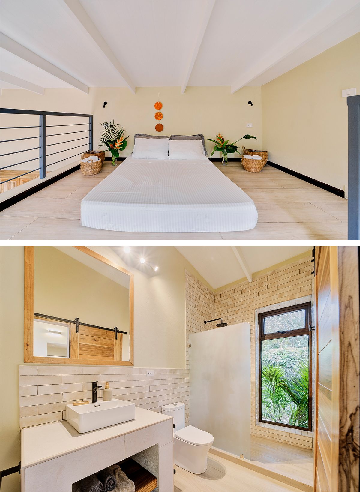 Terrace with pool and loungers above, modern bathroom with double sink below